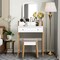 White and Natural Dressing Table with Mirror, 3 Drawers, and Padded Stool